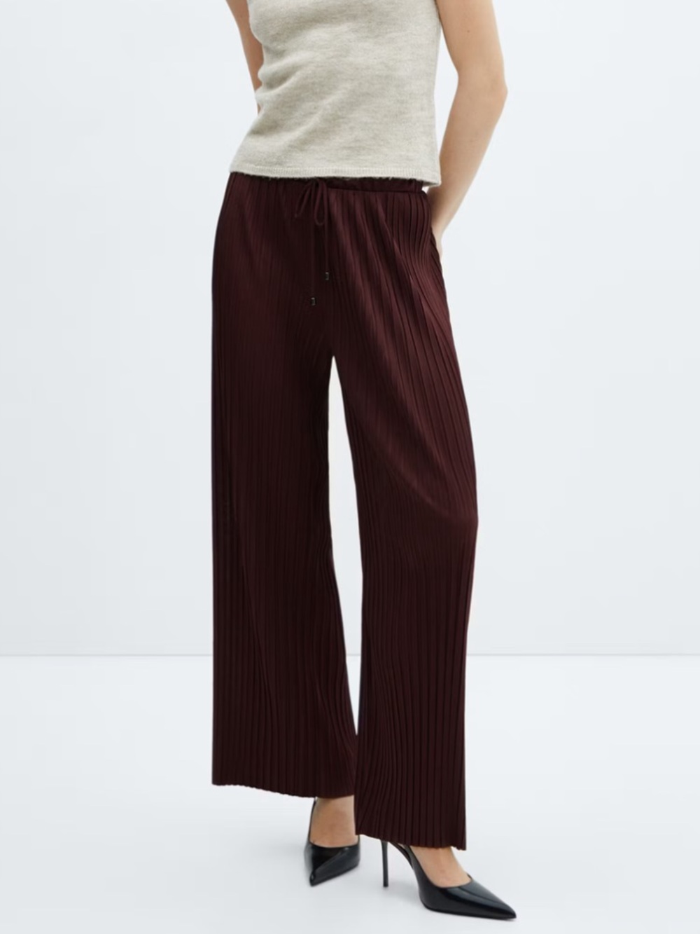 NWT MANGO MNG brown pleated stretchy high rise palazzo pants